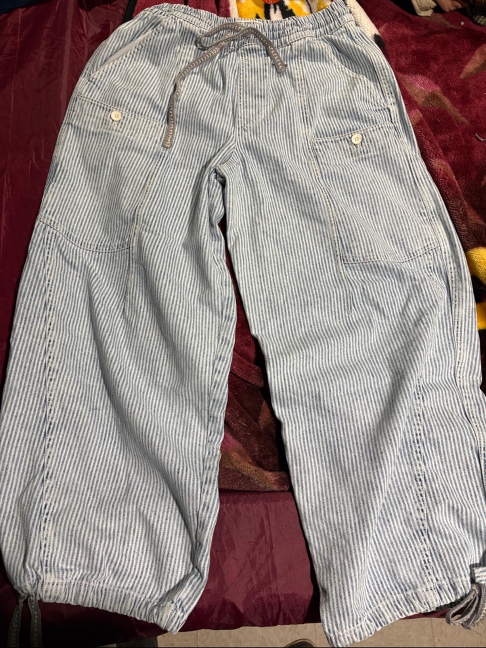 Free People Light Blue and White Pinstripe Drawstring Wide-Leg Pants